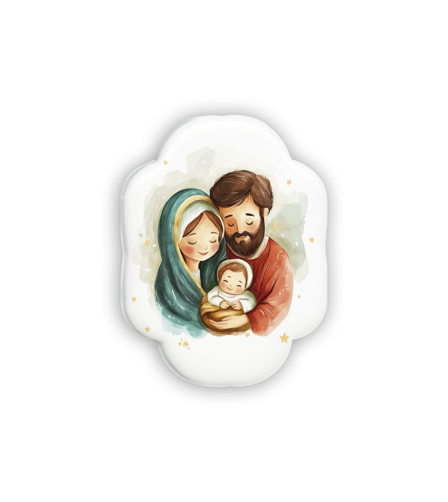 Soprammobile magnetico sagomato in resina porcellanata con Sacra Famiglia in versione acquerello -Formato 6 x 4.5 x 0.3 Cm