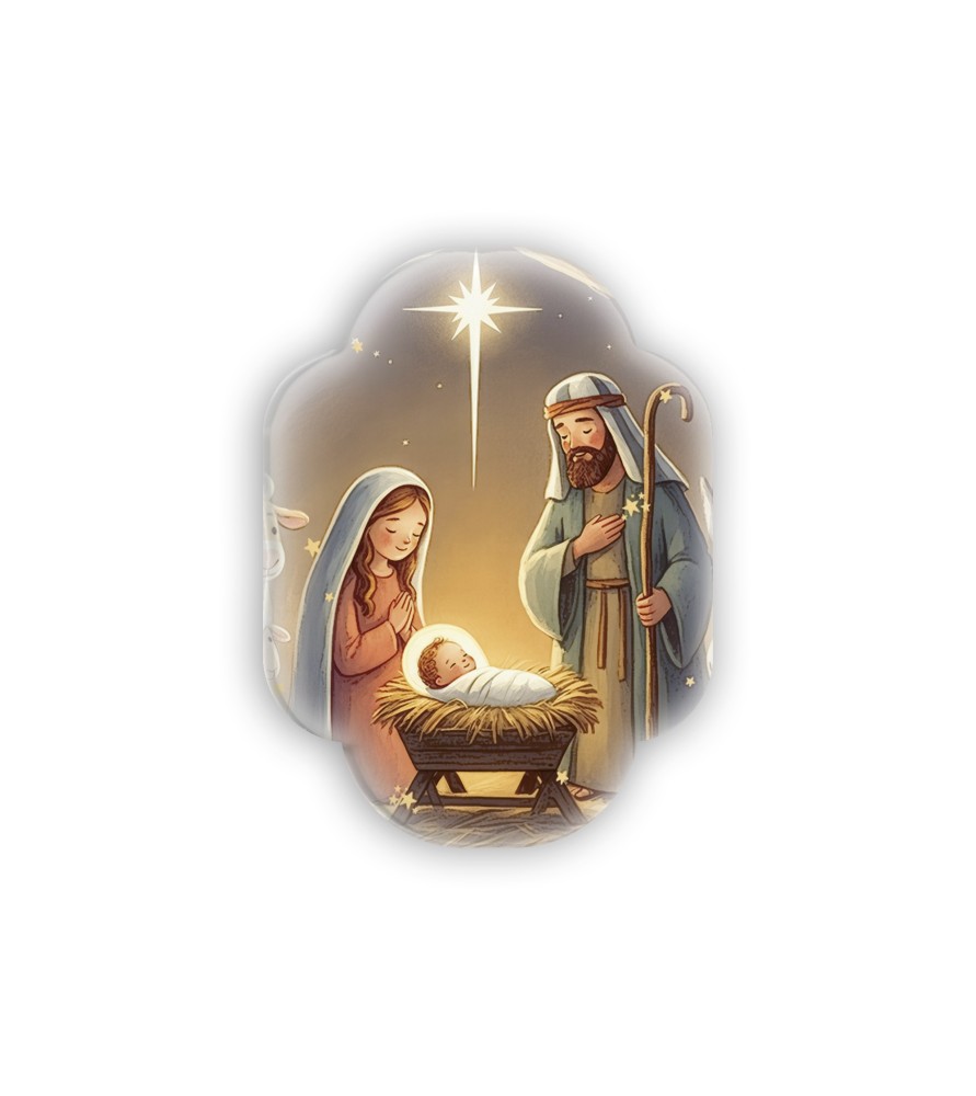 Soprammobile magnetico sagomato in resina porcellanata con Sacra Famiglia in versione cartoon -Formato 6 x 4.5 x 0.3 Cm