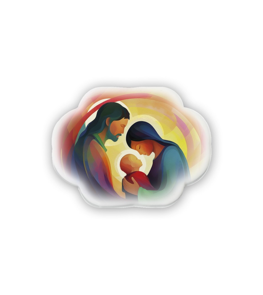 Soprammobile magnetico sagomato in resina porcellanata con Sacra Famiglia in versione stilizzata -Formato 6 x 4.5 x 0.3 Cm