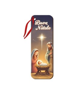 Segnalibro o chiudipacco stampato su legno con cordino raffigurante la Sacra Famiglia in stile cartoon -Formato 5 x 14.5  Cm