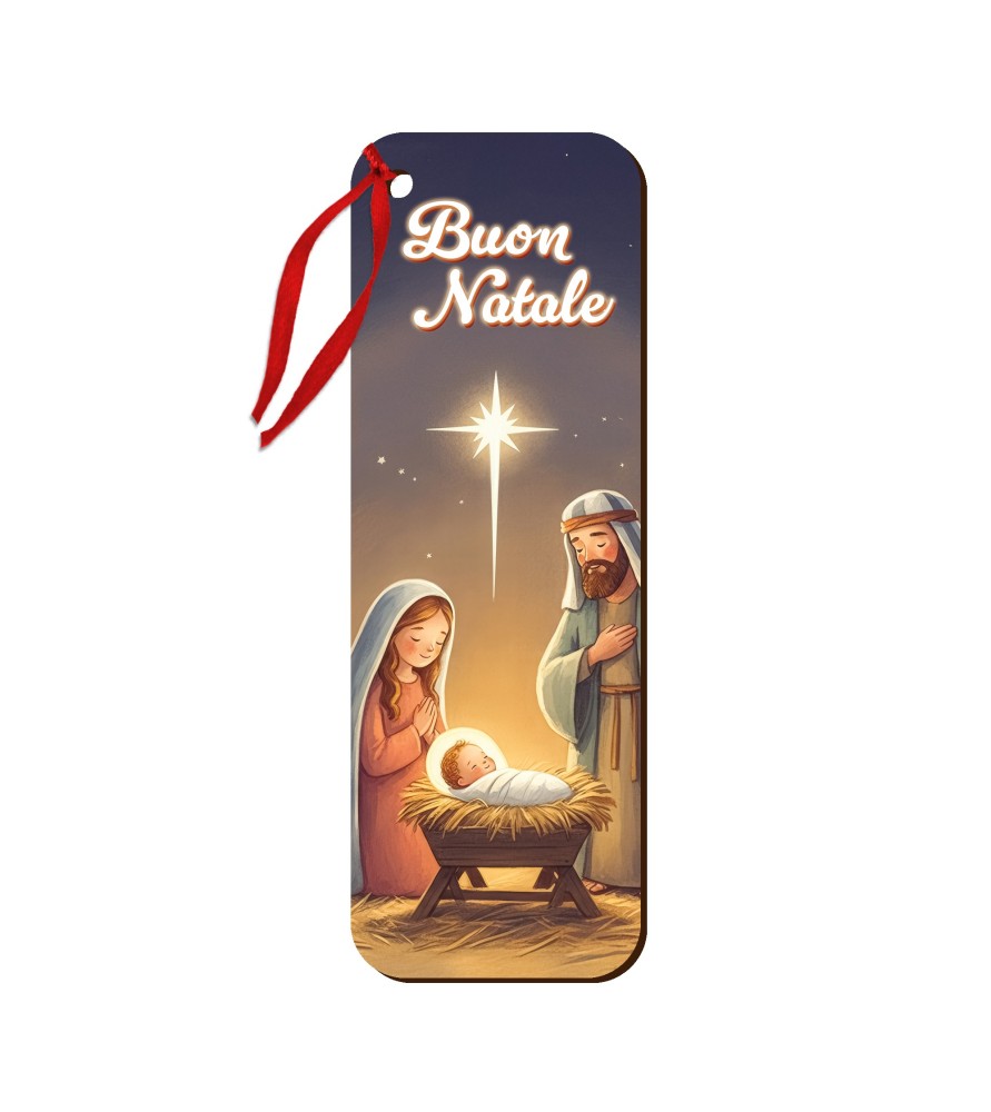 Segnalibro o chiudipacco stampato su legno con cordino raffigurante la Sacra Famiglia in stile cartoon -Formato 5 x 14.5  Cm