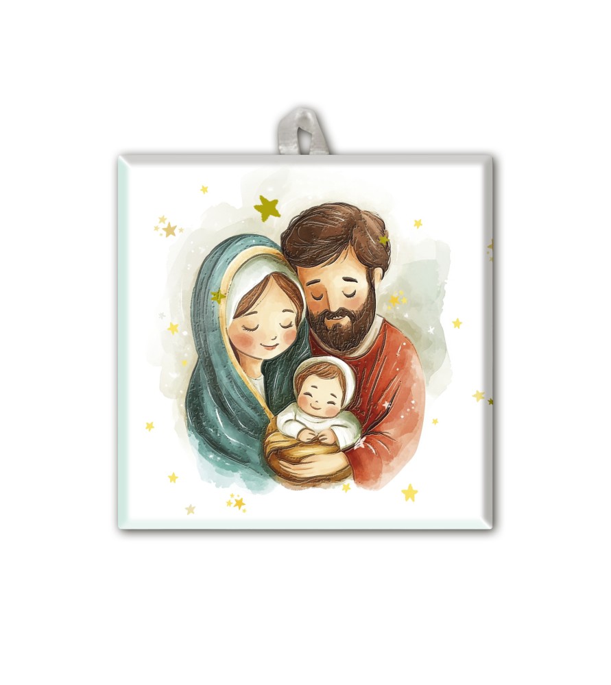 Piastrella con Sacra Famiglia in versione acquerello 10 x 10 cm  -Formato 10 x 10 x 0.6 Cm