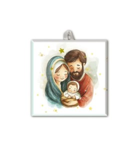 Piastrella con Sacra Famiglia in versione acquerello 10 x 10 cm in scatola regalo -Formato 10 x 10 x 1.8 Cm