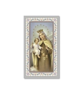 Pacchetto da 100 copie di: Santino Madonna del Carmine con preghiera e finiture in oro - FORMATO Cm 6 X 10,5