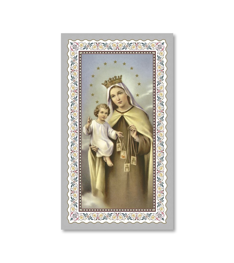 Pacchetto da 100 copie di: Santino Madonna del Carmine con preghiera e finiture in oro - FORMATO Cm 6 X 10,5