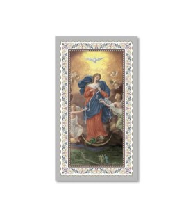 Pacchetto da 100 copie di: Santino Madonna dei Nodi con preghiera e finiture in oro - FORMATO Cm 6 X 10,5