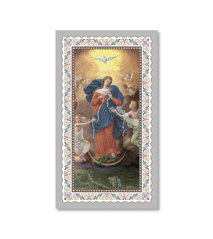 Pacchetto da 100 copie di: Santino Madonna dei Nodi con preghiera e finiture in oro - FORMATO Cm 6 X 10,5