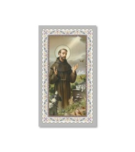 Pacchetto da 100 copie di: Santino San Francesco con preghiera e finiture in oro - FORMATO Cm 6 X 10,5