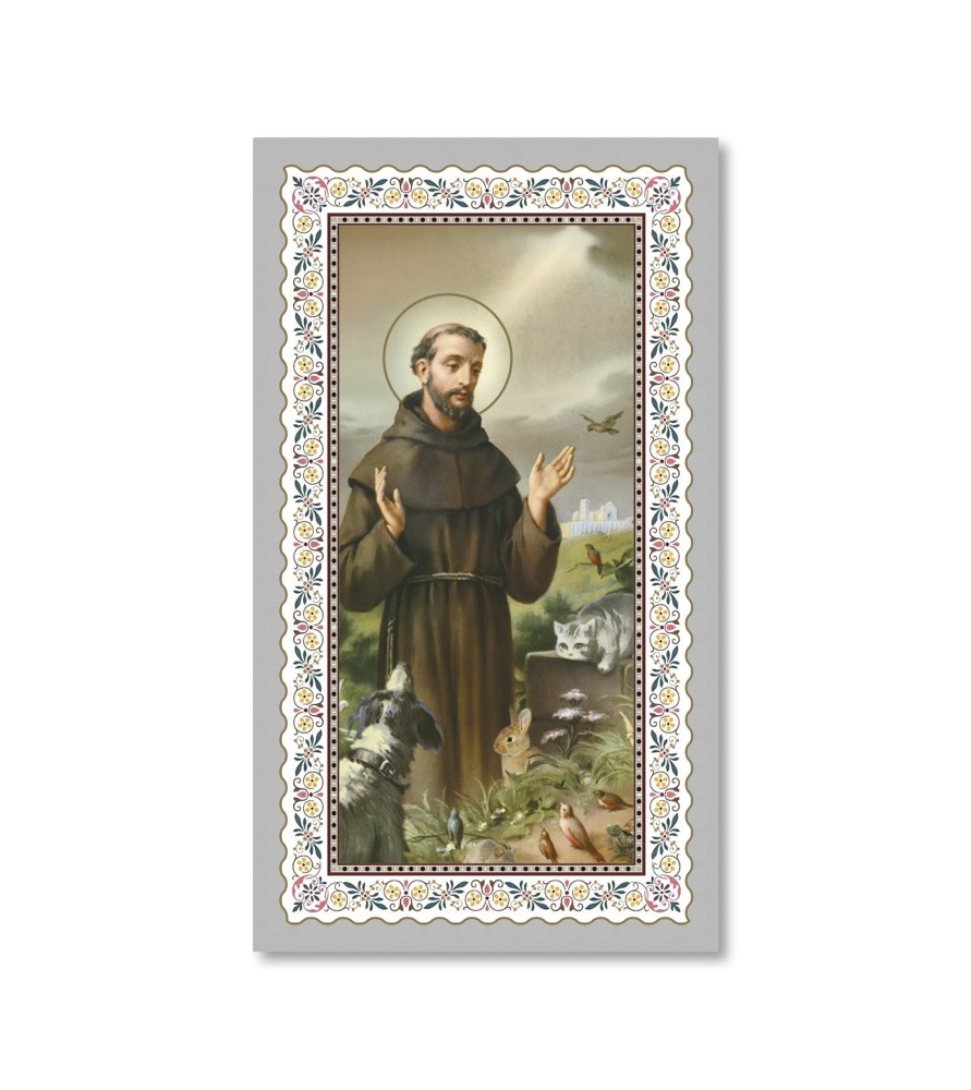 Pacchetto da 100 copie di: Santino San Francesco con preghiera e finiture in oro - FORMATO Cm 6 X 10,5