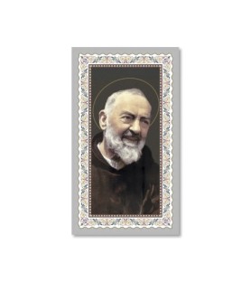 Pacchetto da 100 copie di: Santino San Pio con preghiera e finiture in oro - FORMATO Cm 6 X 10,5