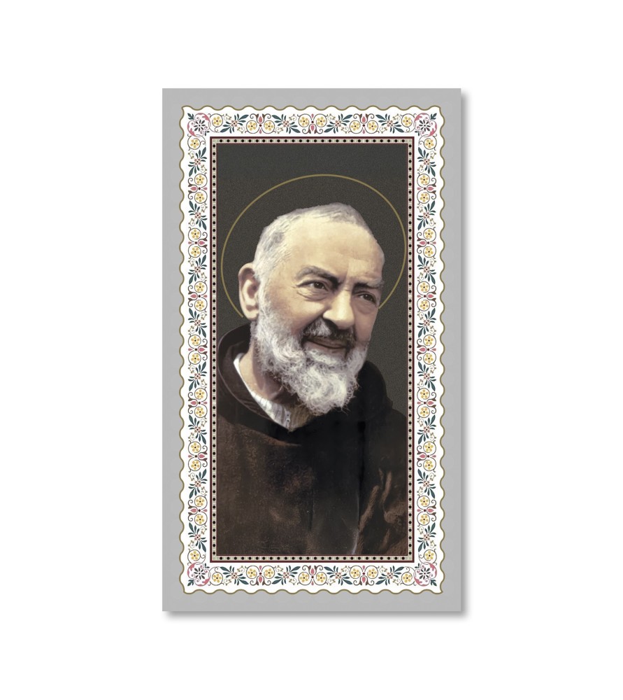 Pacchetto da 100 copie di: Santino San Pio con preghiera e finiture in oro - FORMATO Cm 6 X 10,5