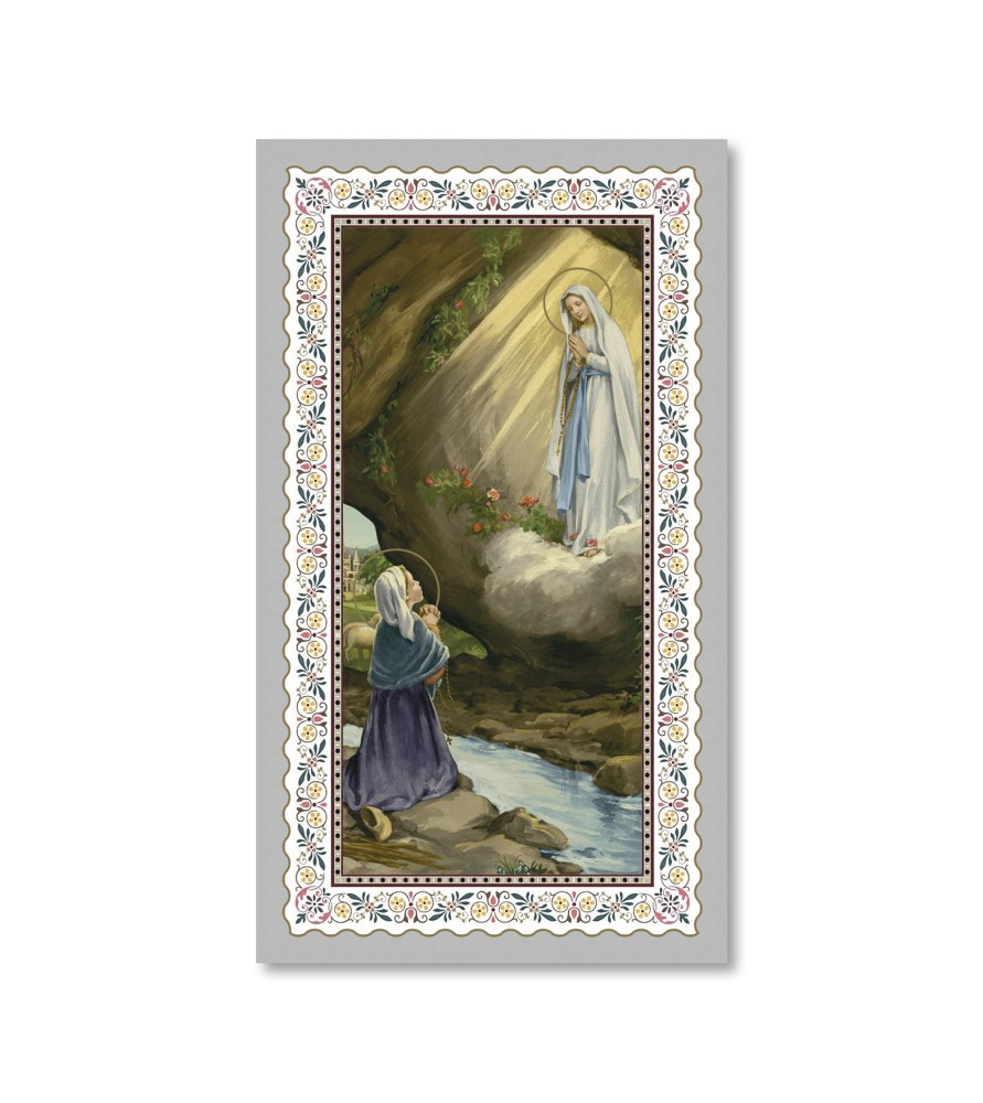 Pacchetto da 100 copie di: Santino Madonna di Lourdes con preghiera e finiture in oro - FORMATO Cm 6 X 10,5