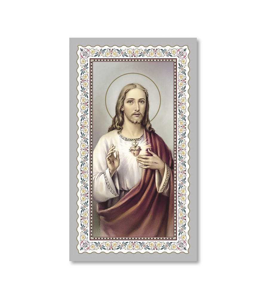 Pacchetto da 100 copie di: Santino Sacro Cuore di Gesù con preghiera e finiture in oro - FORMATO Cm 6 X 10,5