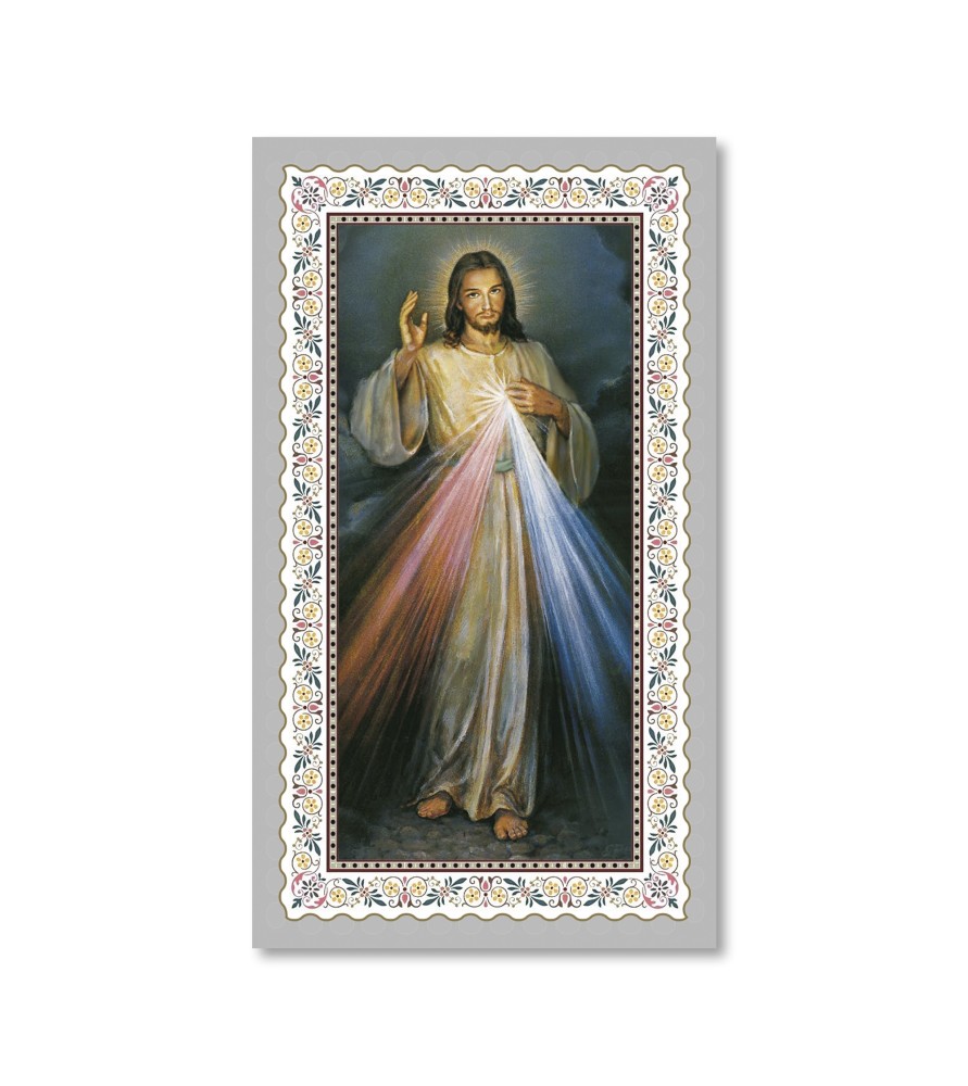 Pacchetto da 100 copie di: Santino Gesù Misericordioso con preghiera e finiture in oro - FORMATO Cm 6 X 10,5