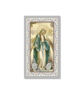 Pacchetto da 100 copie di: Santino Madonna Miracolosa con preghiera e finiture in oro - FORMATO Cm 6 X 10,5