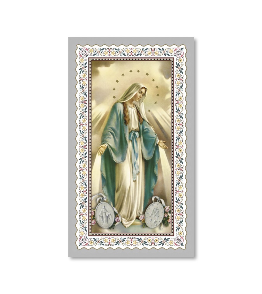 Pacchetto da 100 copie di: Santino Madonna Miracolosa con preghiera e finiture in oro - FORMATO Cm 6 X 10,5