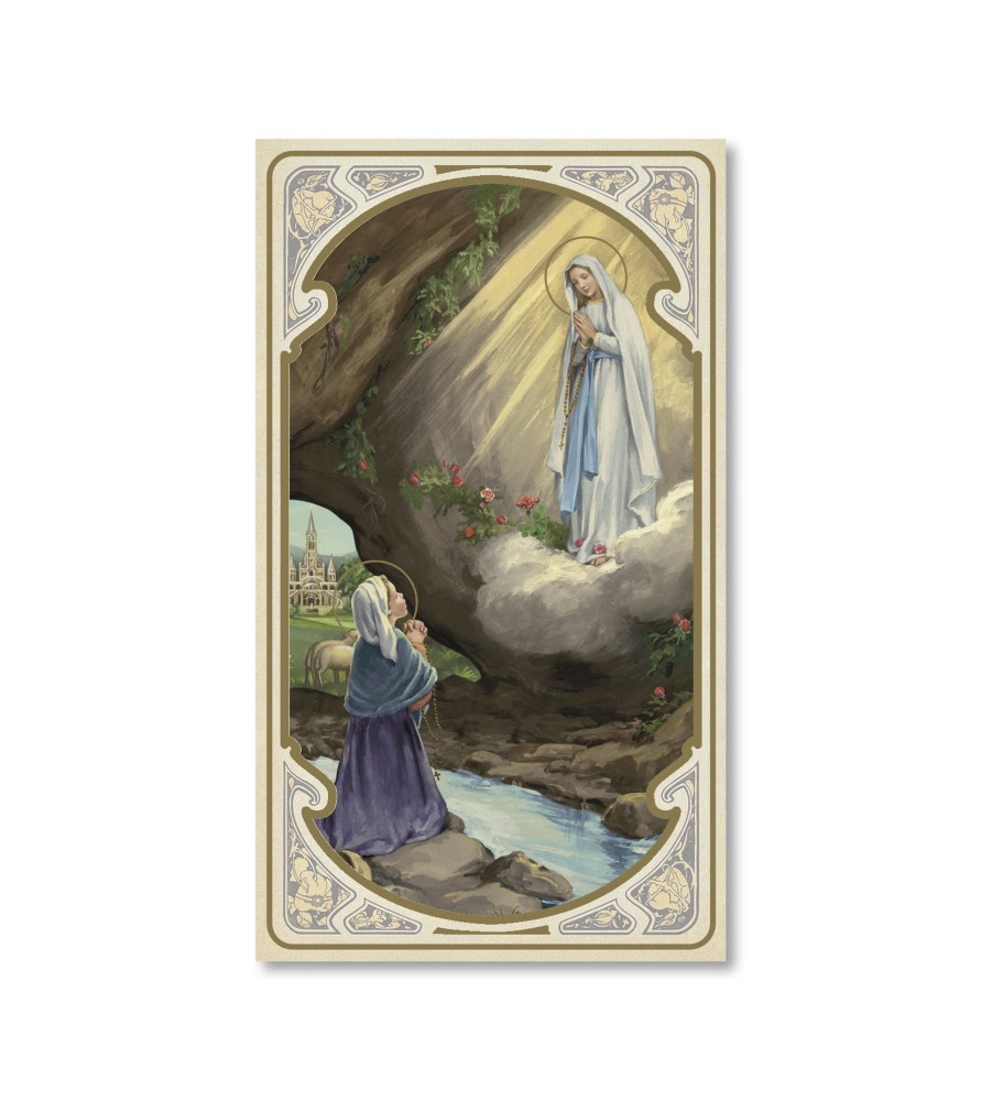 Confezione da 50 pezzi di: Santino in carta acquerello della Madonna di Lourdes - FORMATO Cm 6,5 X 11