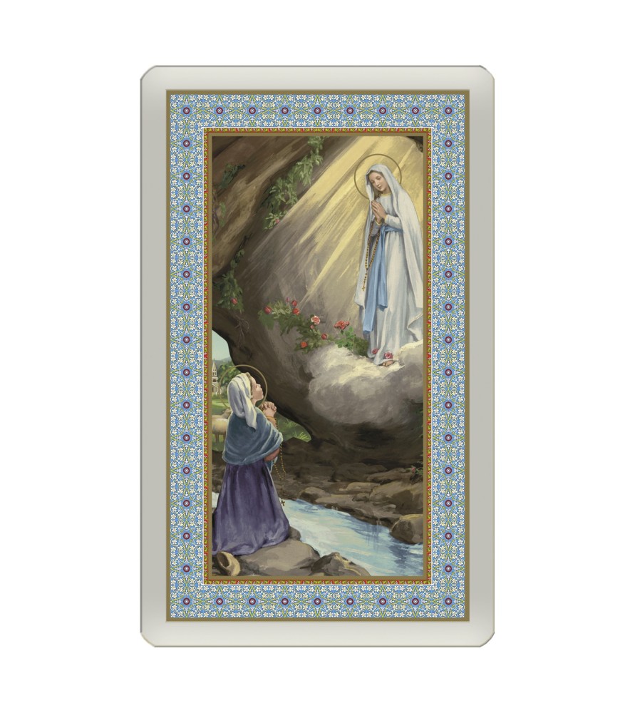 Confezione da 25 pezzi di: Santino Plastificato della Madonna di Lourdes - FORMATO Cm 7 X 11,5