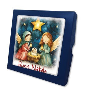 Quadretto in legno raffigurante due angioletti in adorazione di Gesù Bambino con scatola regalo -Formato 19 x 19 x 1 Cm