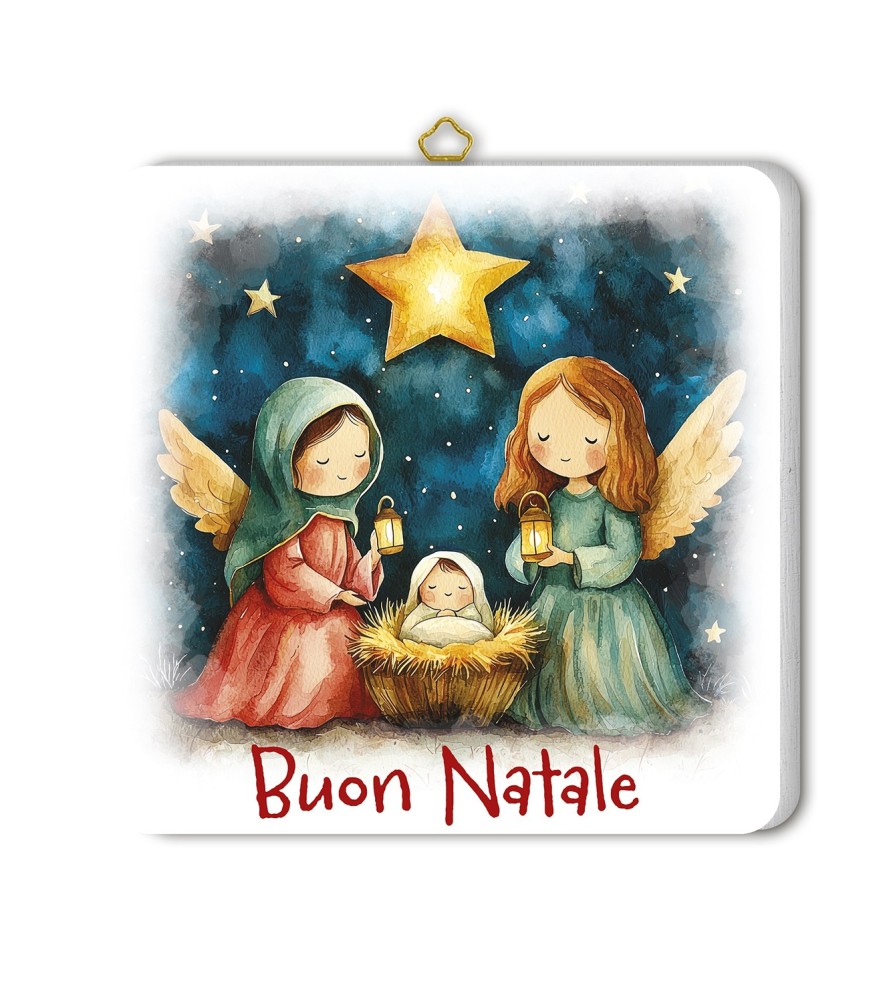 Quadretto in legno raffigurante due angioletti in adorazione di Gesù Bambino con scatola regalo -Formato 19 x 19 x 1 Cm
