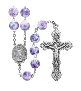 Rosario in argento 925 con grani da 10 mm in vetro bianco smaltato con motivi floreali - FORMATO Cm 50 X 55