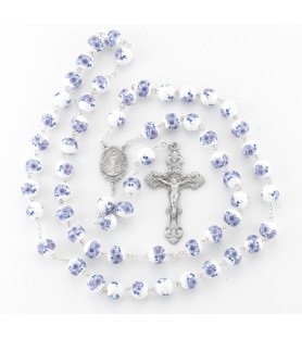 Rosario in argento 925 con grani da 10 mm in vetro bianco smaltato con motivi floreali - FORMATO Cm 50 X 55