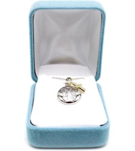 Collana in acciaio con ciondolo in argento 925 con Angelo Custode intagliato e croce placcata in oro con cristalli Swaroski