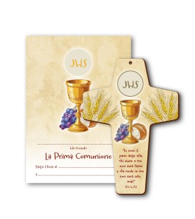 Croce in MDF con simbologia eucaristica della Prima Comunione - FORMATO Cm 10 X 14,8